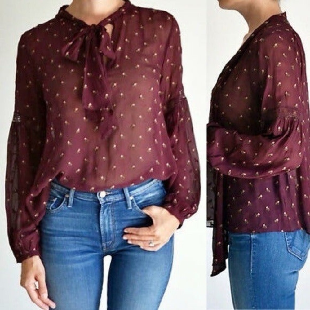 Ulla Johnson Odelia Embroidered Bow Tie Front Long Sleeve Blouse